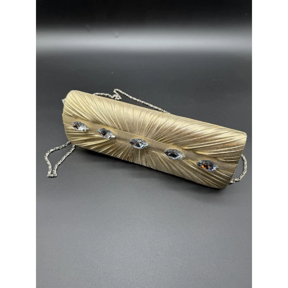 Gold Evening Clutch Purse Rhinestone Crystal Pleated Chain Strap Formal